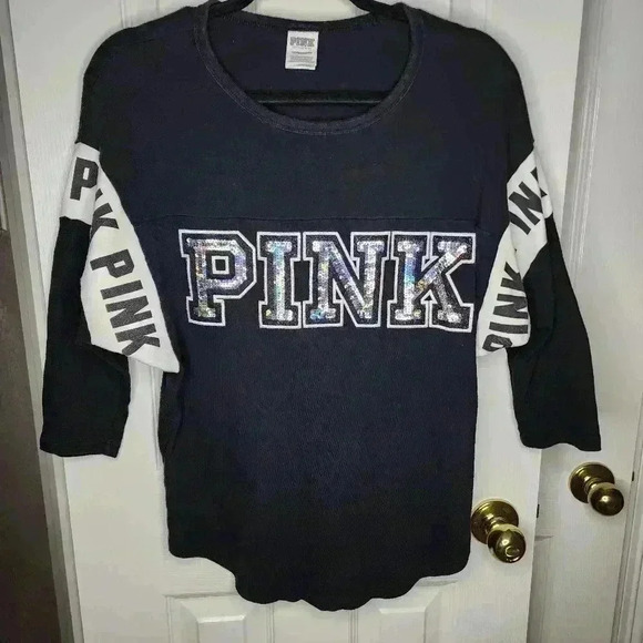 VS PINK Sequin Iridescent Sparkly Bling 3/4 Sleeve Cotton Boyfriend Jersey XS - Picture 1 of 13